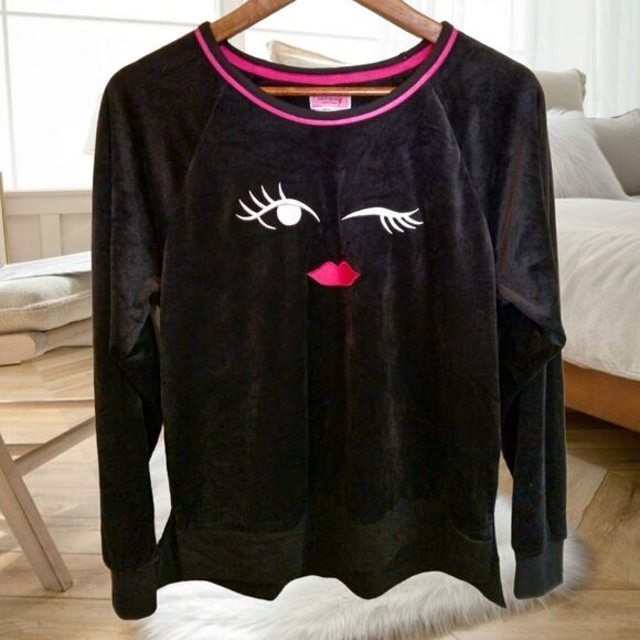KATE SPADE VELOUR WINKY FACE AND LIPS BLACK VELVET SWEATER SWEATSHIRT LOUNGEWEAR - Picture 5 of 16